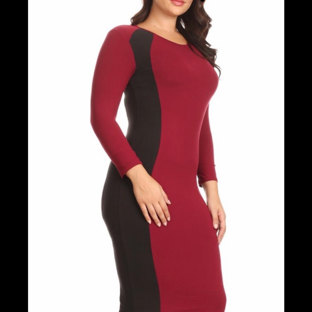 Burgundy and Black Color Block Midi dress.